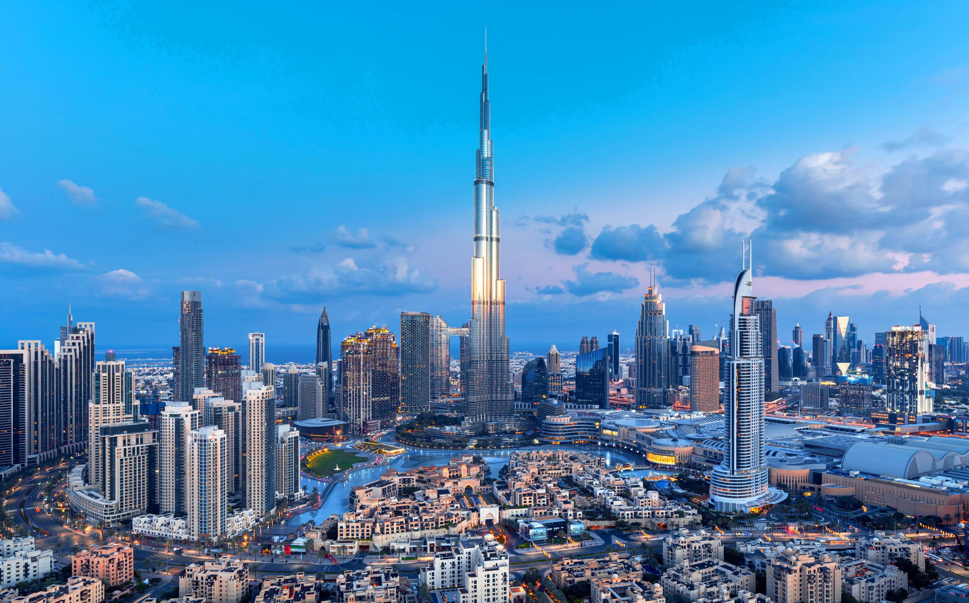 Downtown Dubai and Burj Khalifa at dusk